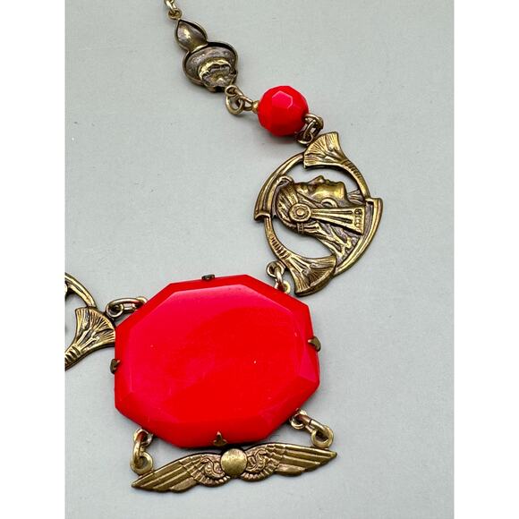 Vintage Sadie Green Antique Style Victorian Pendant Necklace with Red Glass - Picture 5 of 11